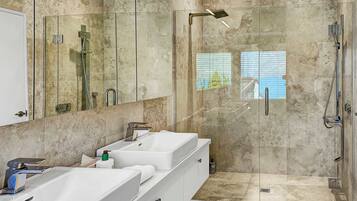 Shower, hair dryer, towels