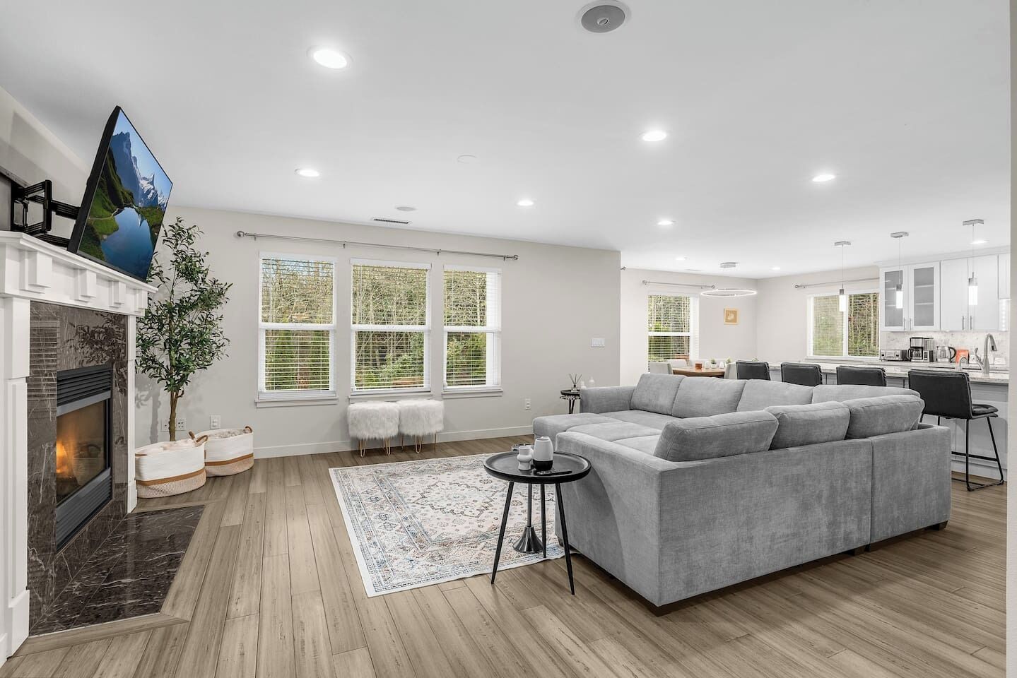 Televisie, een open haard en een stereo