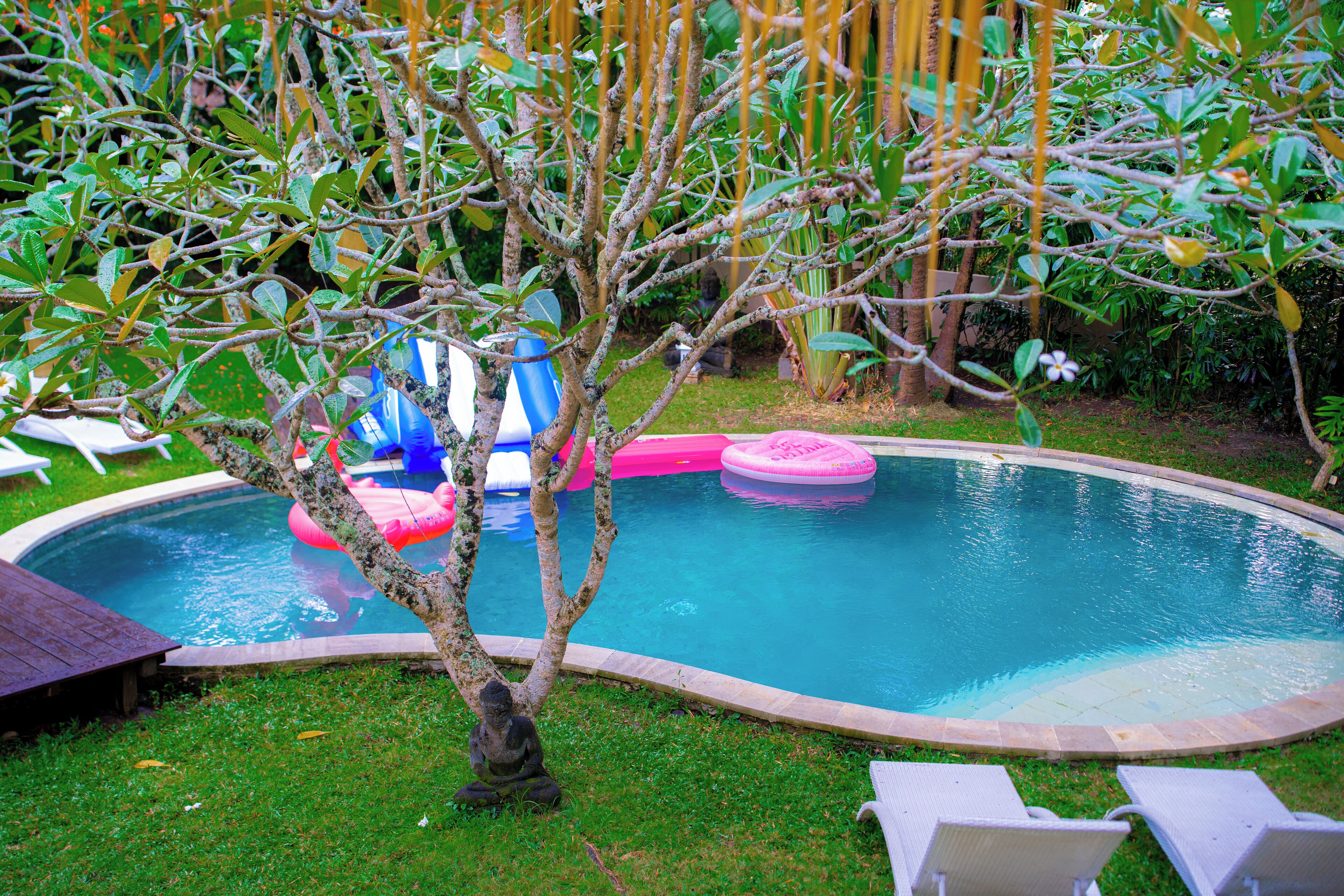 A swimming pool with inflatable toys, surrounded by grass and trees.