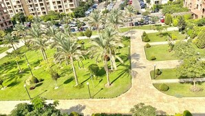 Un patio ajardinado con palmeras, un sendero central y setos bien cuidados.