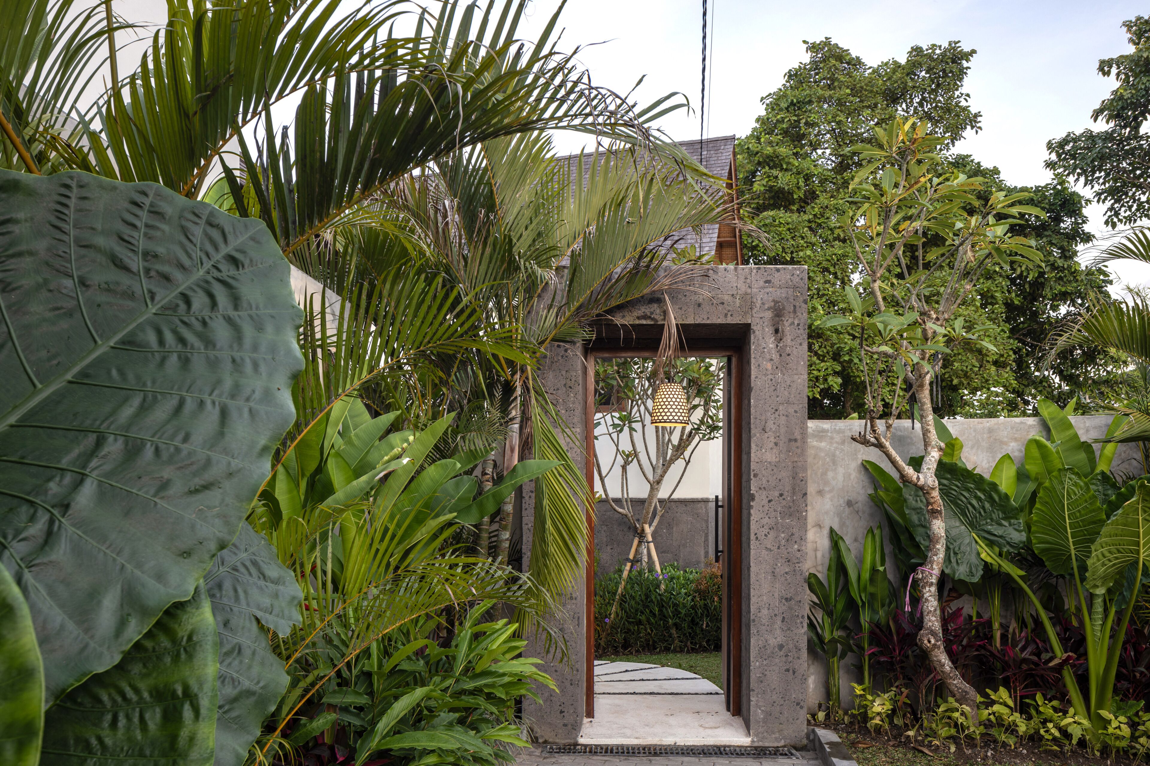 Una estructura de concreto con un acceso, rodeada de exuberante vegetación tropical.