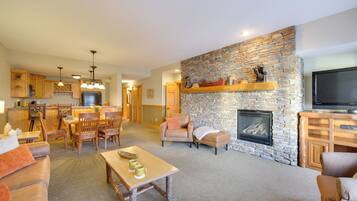 Televisión, chimenea y libros