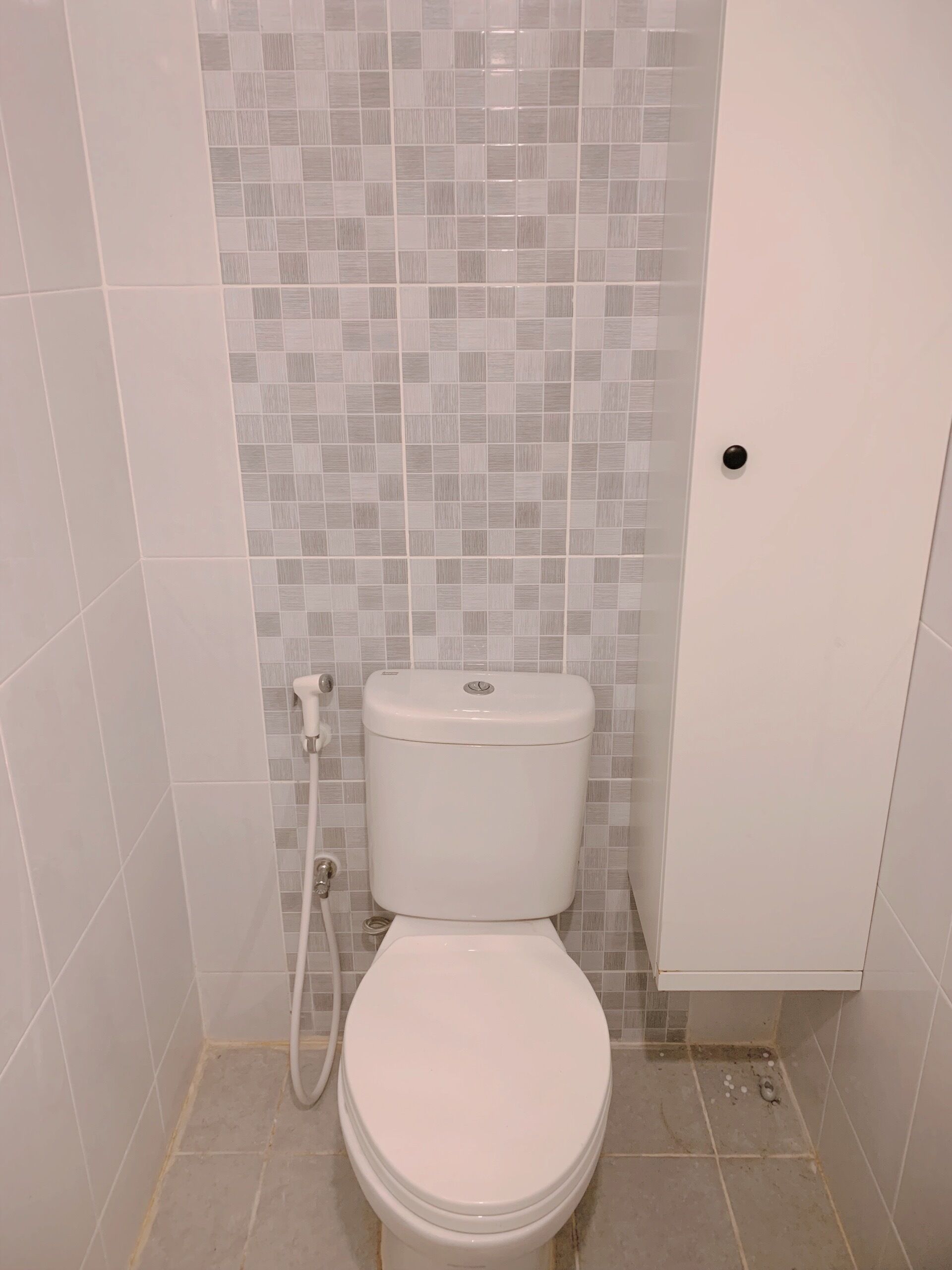 Egy fürdőszoba, amelyben WC, zuhanyzó és egy szekrény található.