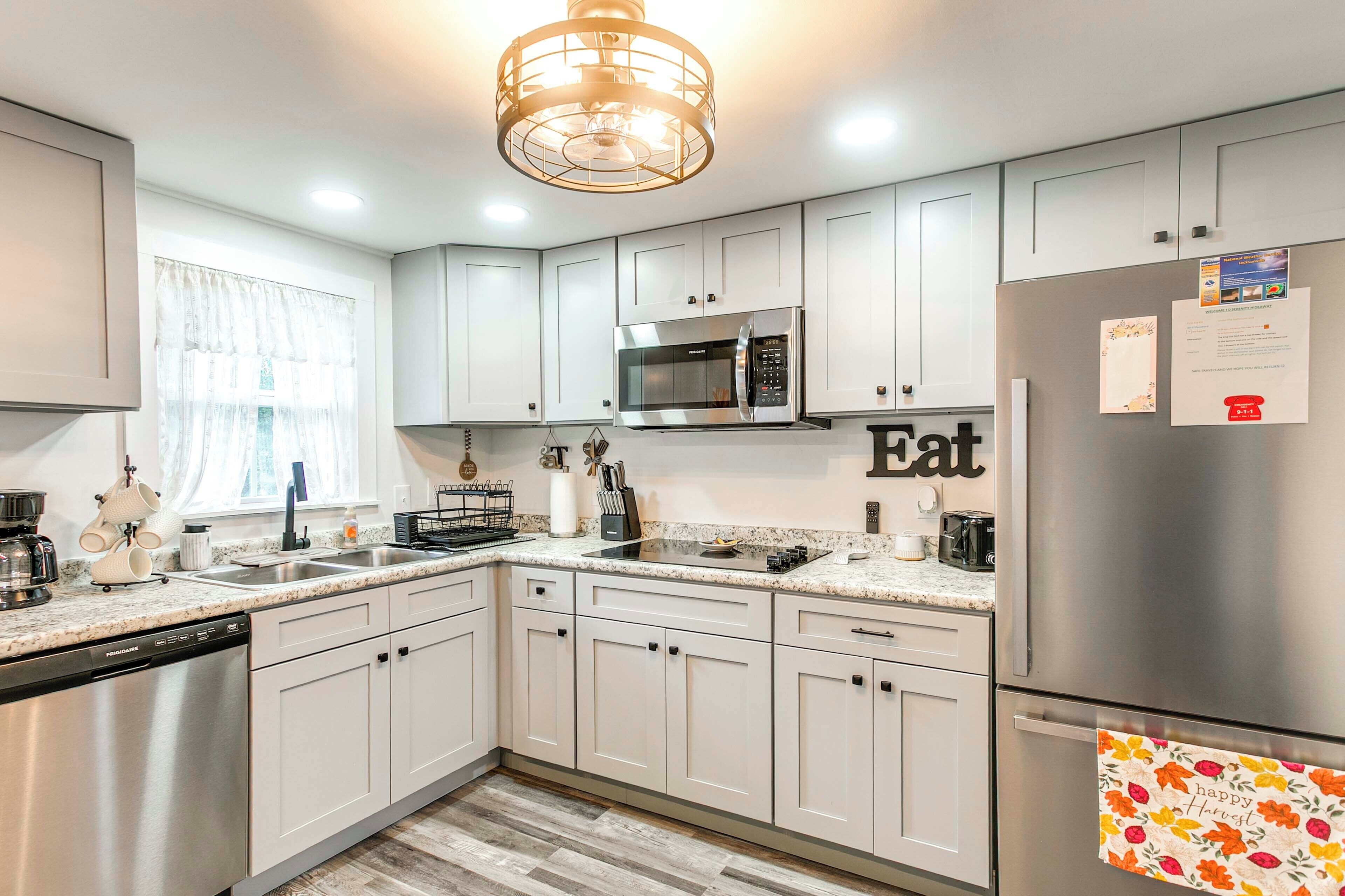 Fridge, microwave, dishwasher, coffee/tea maker