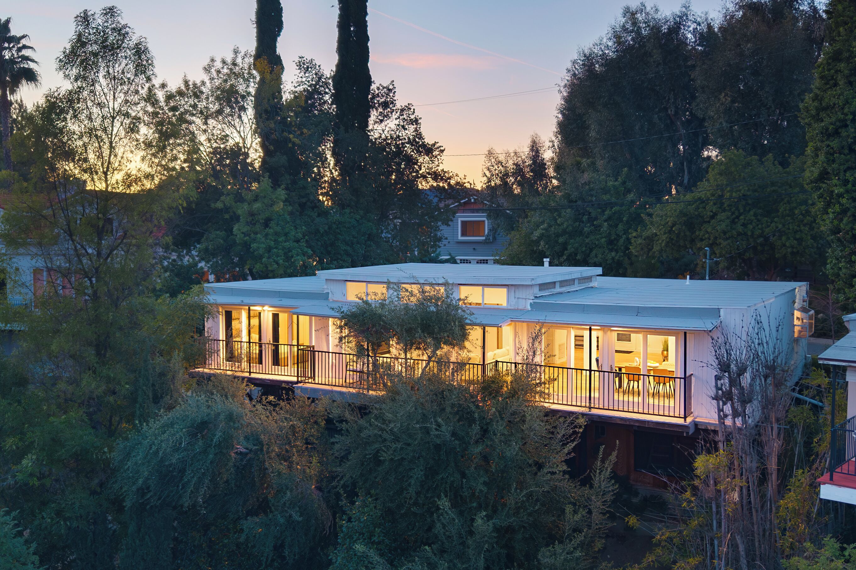 Elegant exterior twilight view.