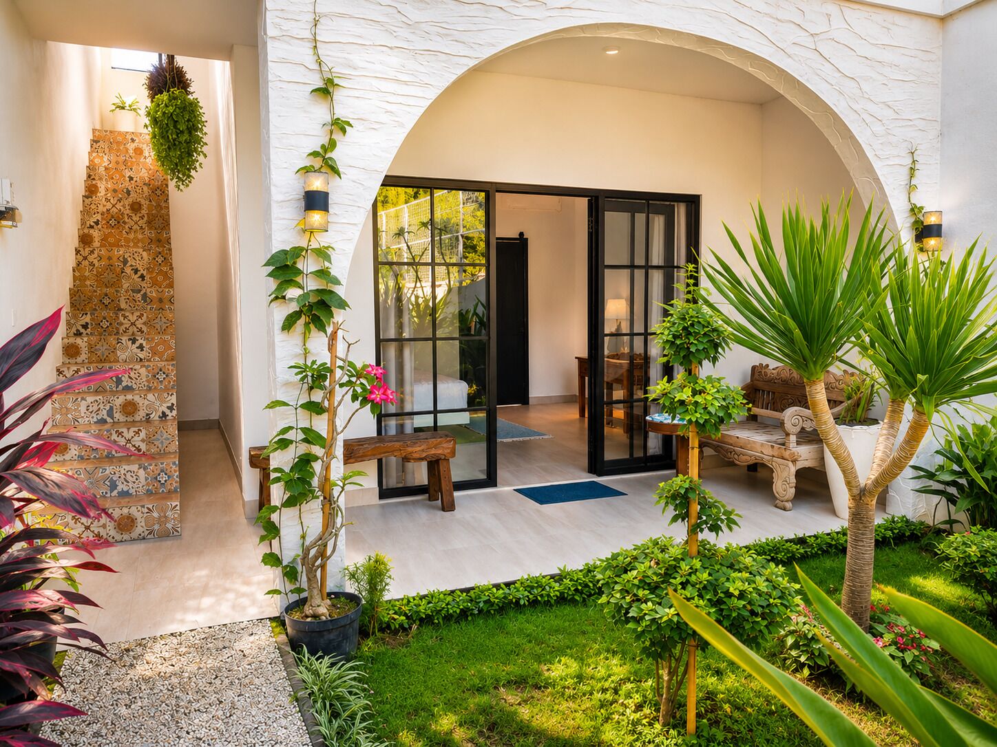 Un espacio exterior moderno con una escalera, asientos y plantas en macetas.