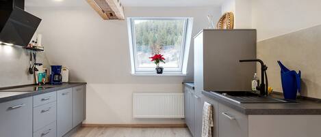 Fridge, microwave, oven, stovetop