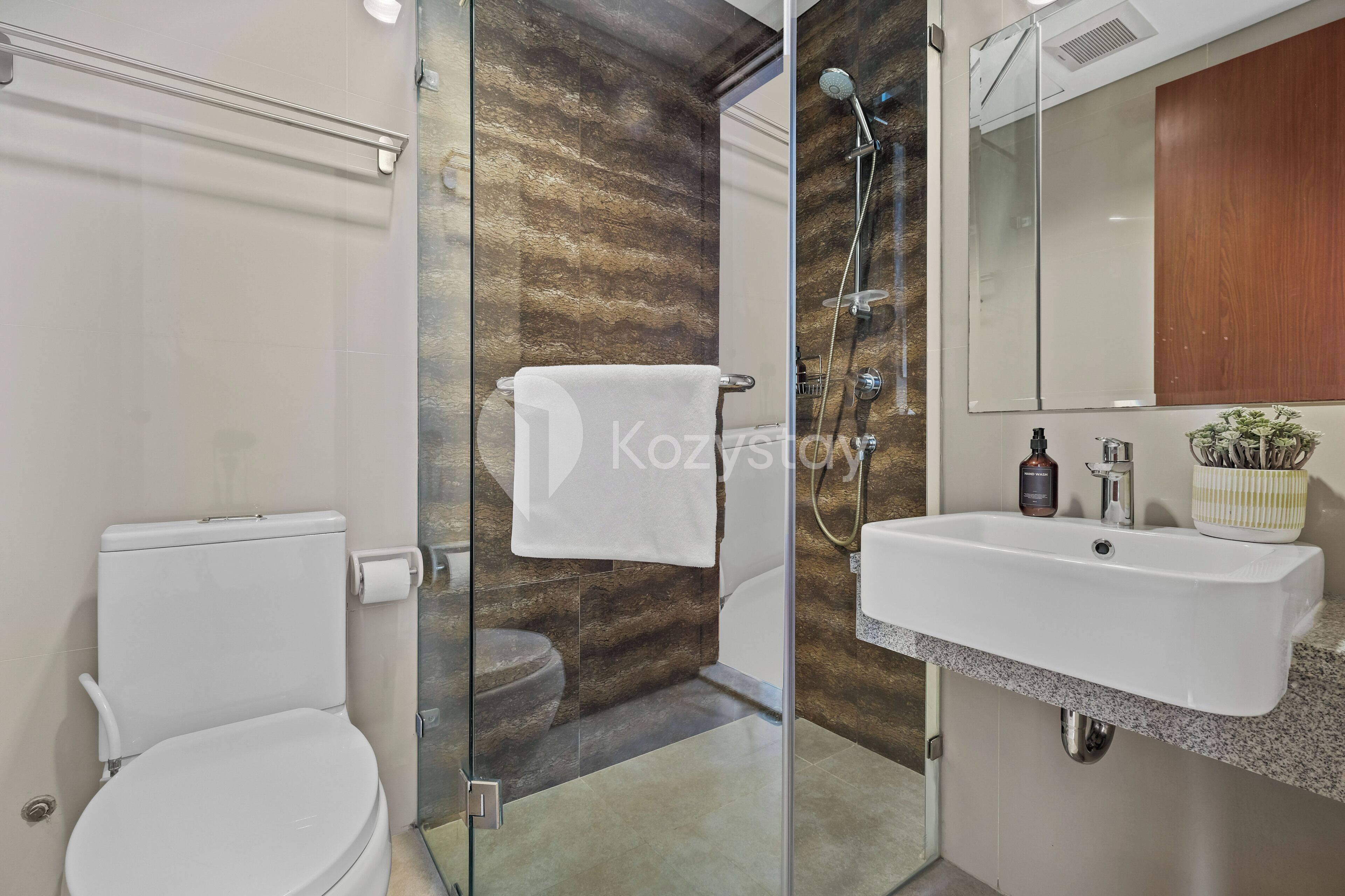 A modern bathroom with a glass shower enclosure, a toilet, and a sink with a mirror above.