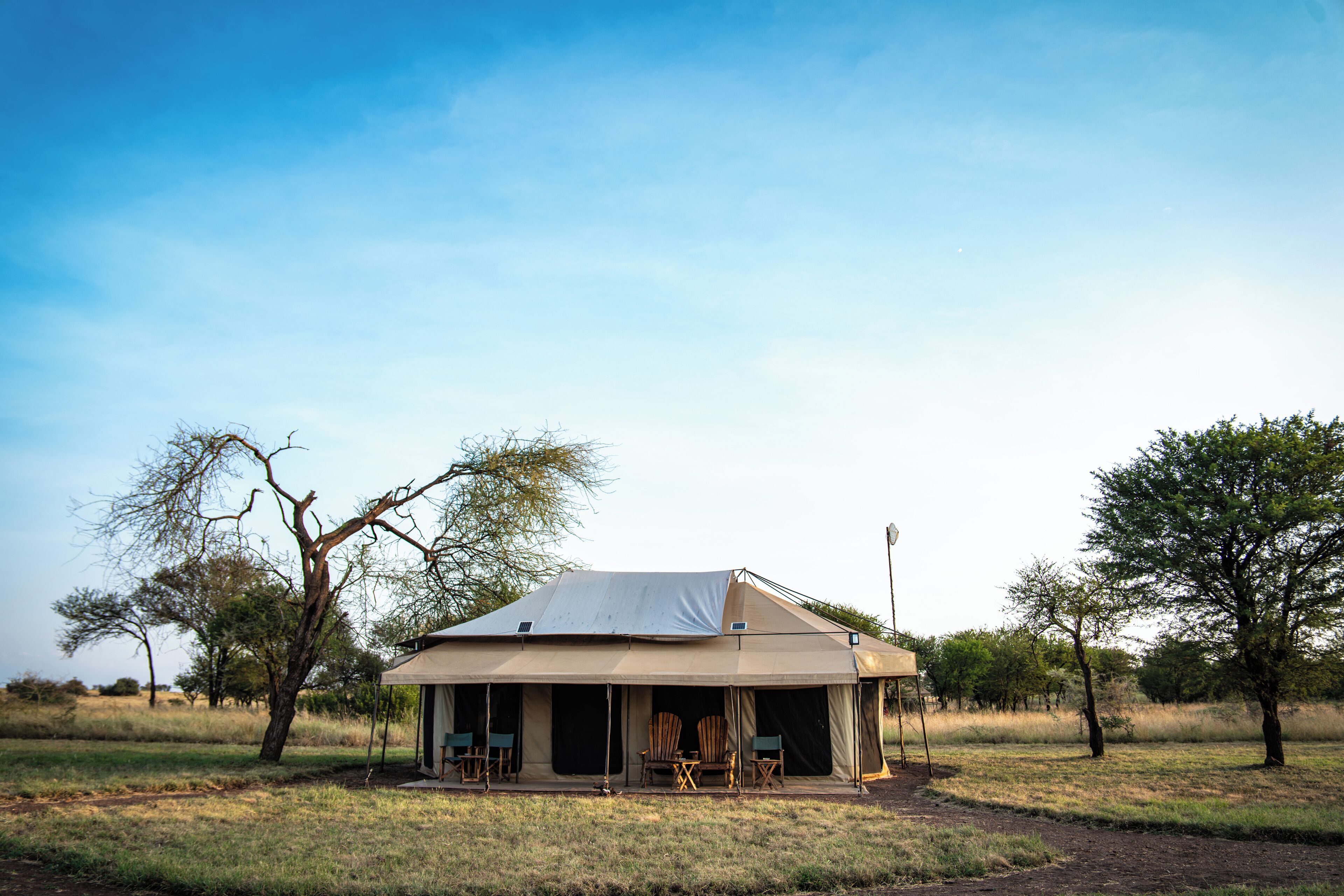 A safari tent with two chairs and a table in an open field with trees.