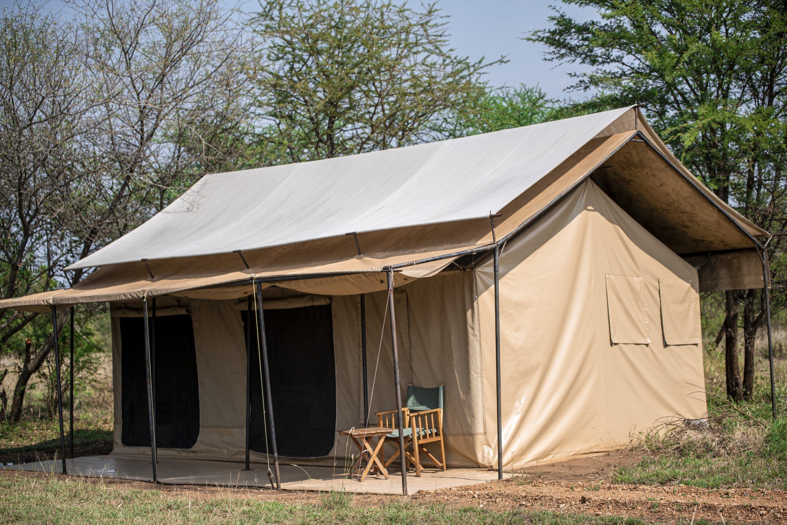 Tenda de safári com entrada coberta, uma cadeira e vista desobstruída para as árvores ao redor.