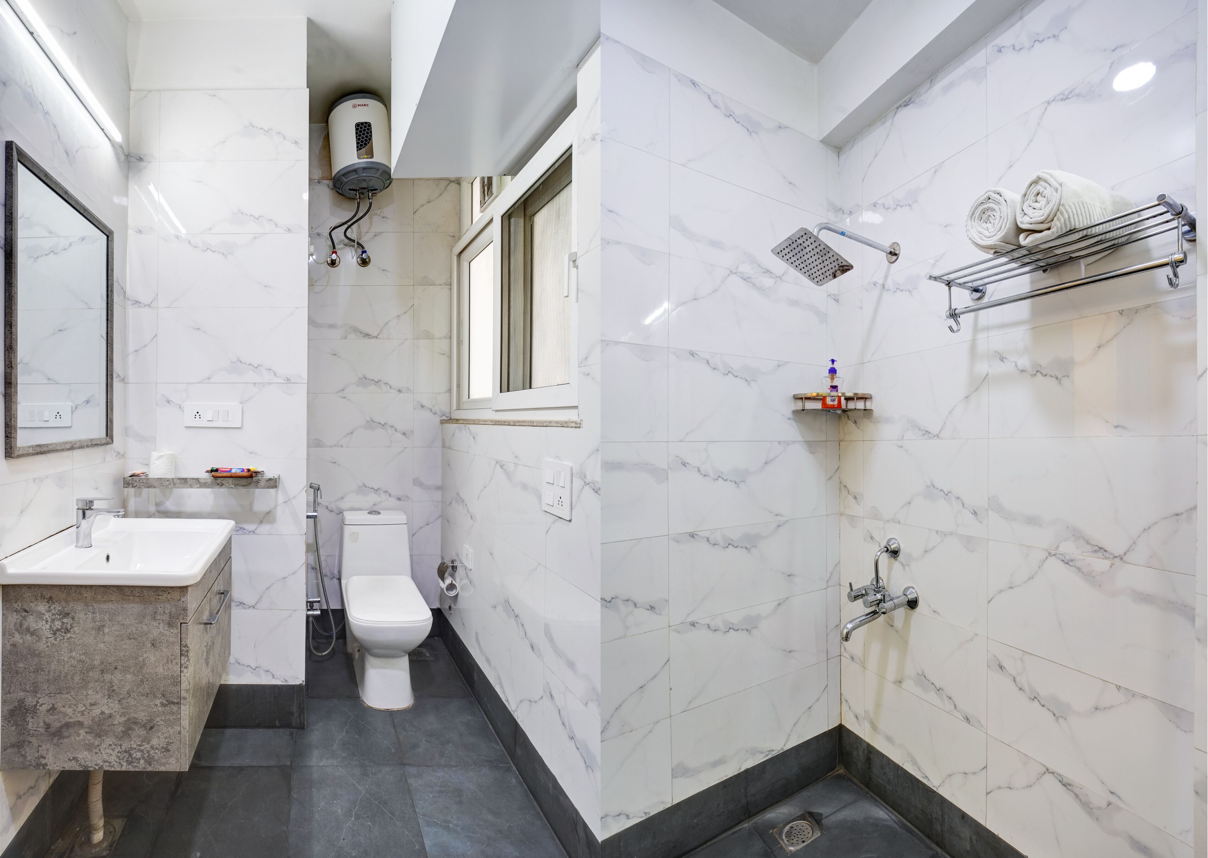 Combined shower/bathtub, free toiletries, towels, soap