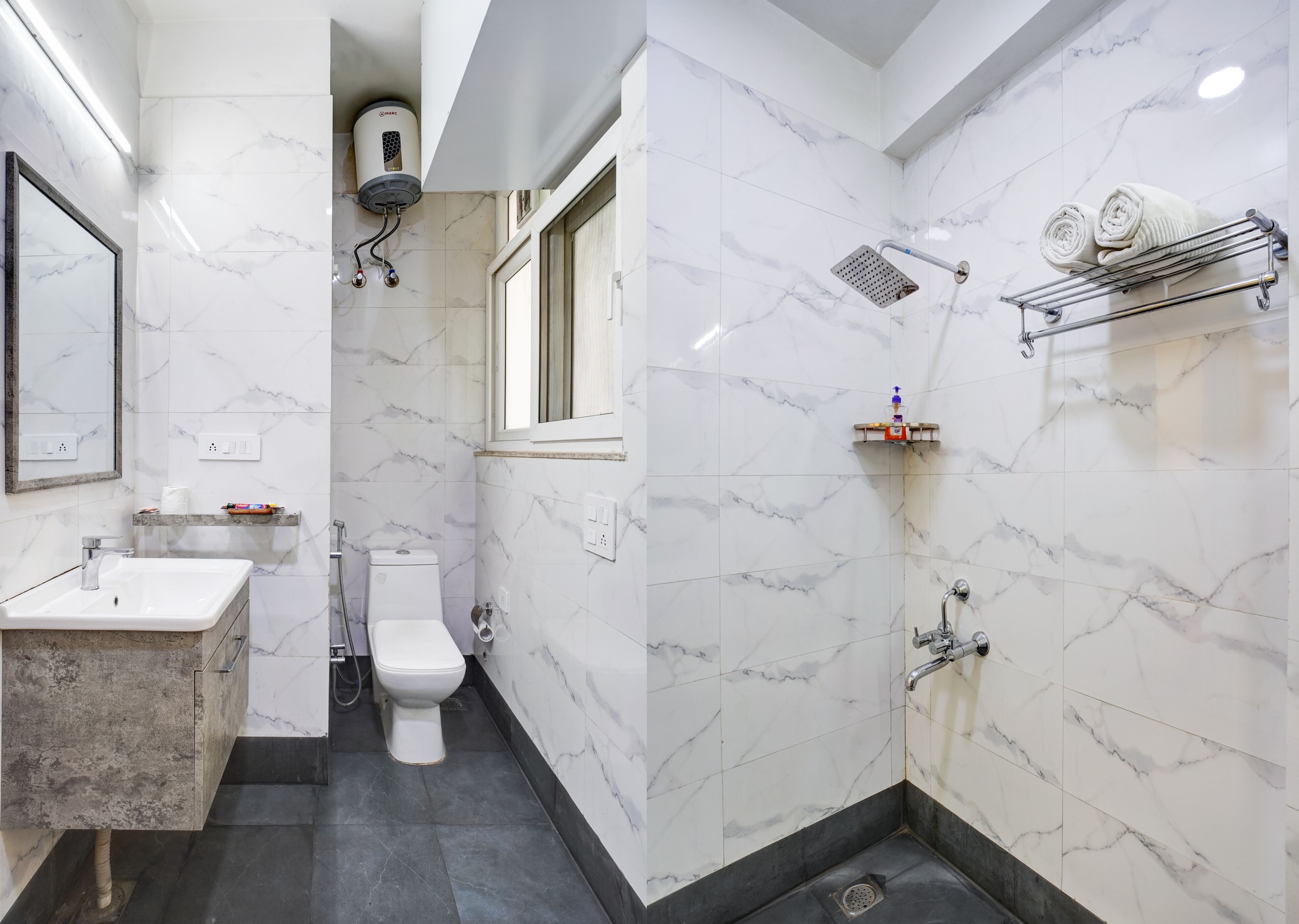 Bañera con ducha, artículos de tocador gratuitos, toallas, jabón