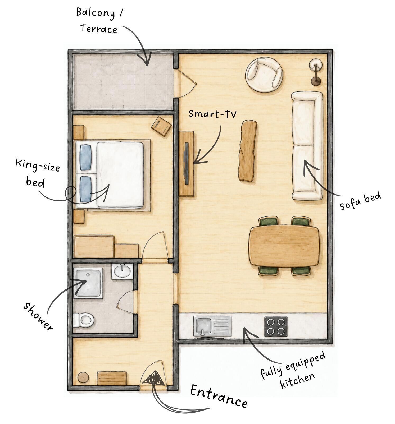 A bedroom with a king-size bed, a smart-TV, a sofa bed, a balcony, and a fully equipped kitchen.