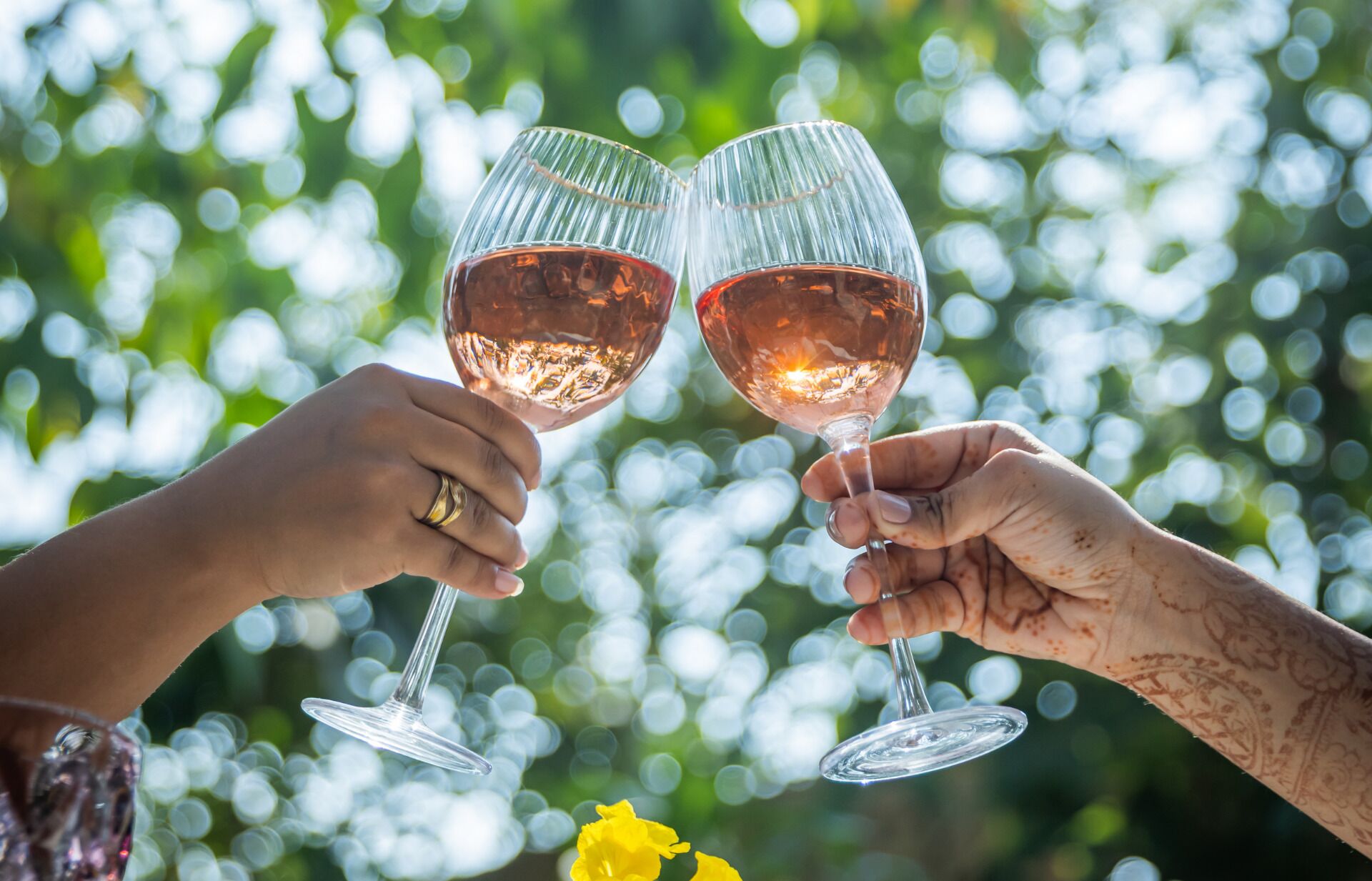Two hands holding wine glasses with a blurred green background.