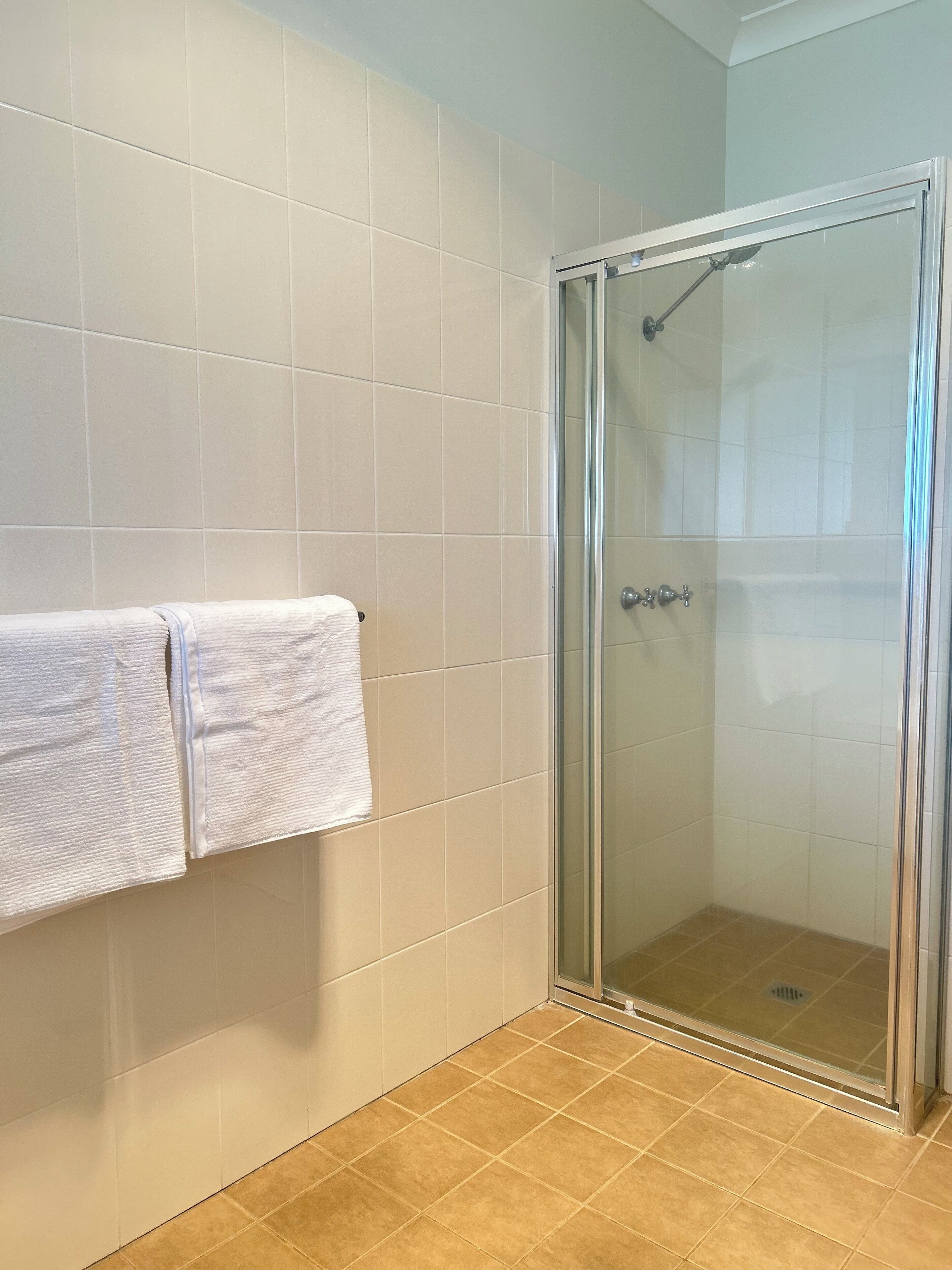 Een douche, handdoeken, zeep, toiletpapier