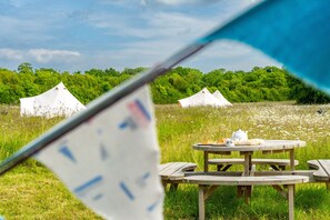 Een picknicktafel met een theepot en een bord eten, omringd door tenten in een grasveld.