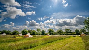 Um camping com várias tendas e mesas de piquenique em um campo gramado sob um céu claro.