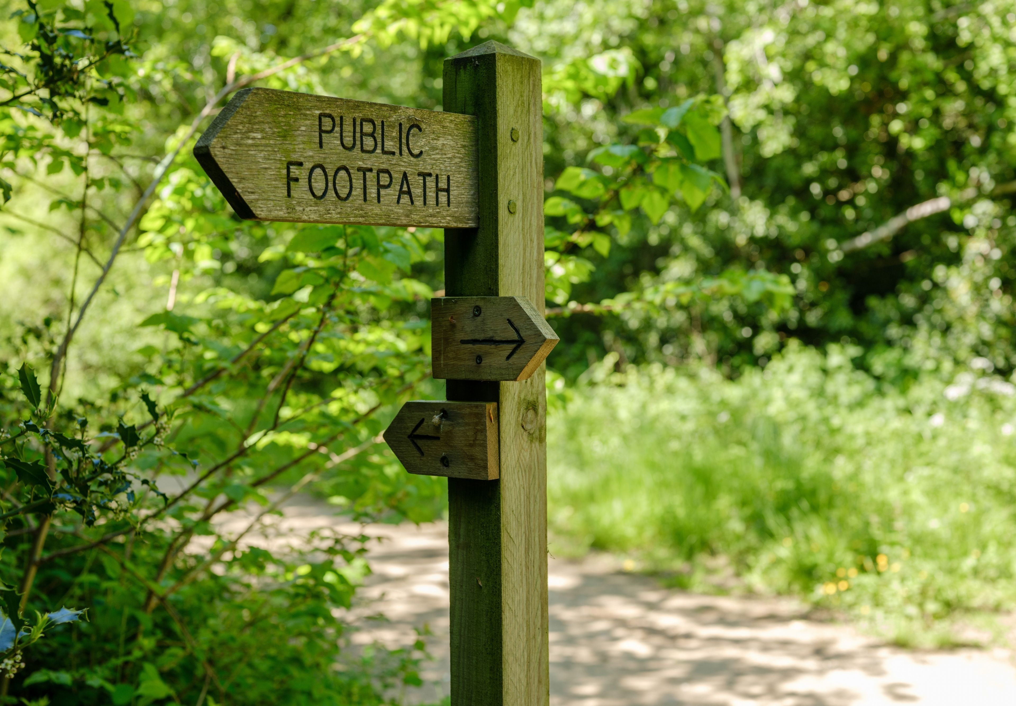A wooden signpost with 'PUBLIC FOOTPATH' and directional arrows.