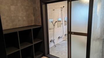 Hair dryer, bidet, towels, soap