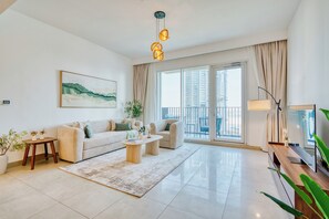 Premium Apartment, 2 Bedrooms, Harbor View | Living room - PVH - Serene Central 2BR - Creek Horizon (Dubai)