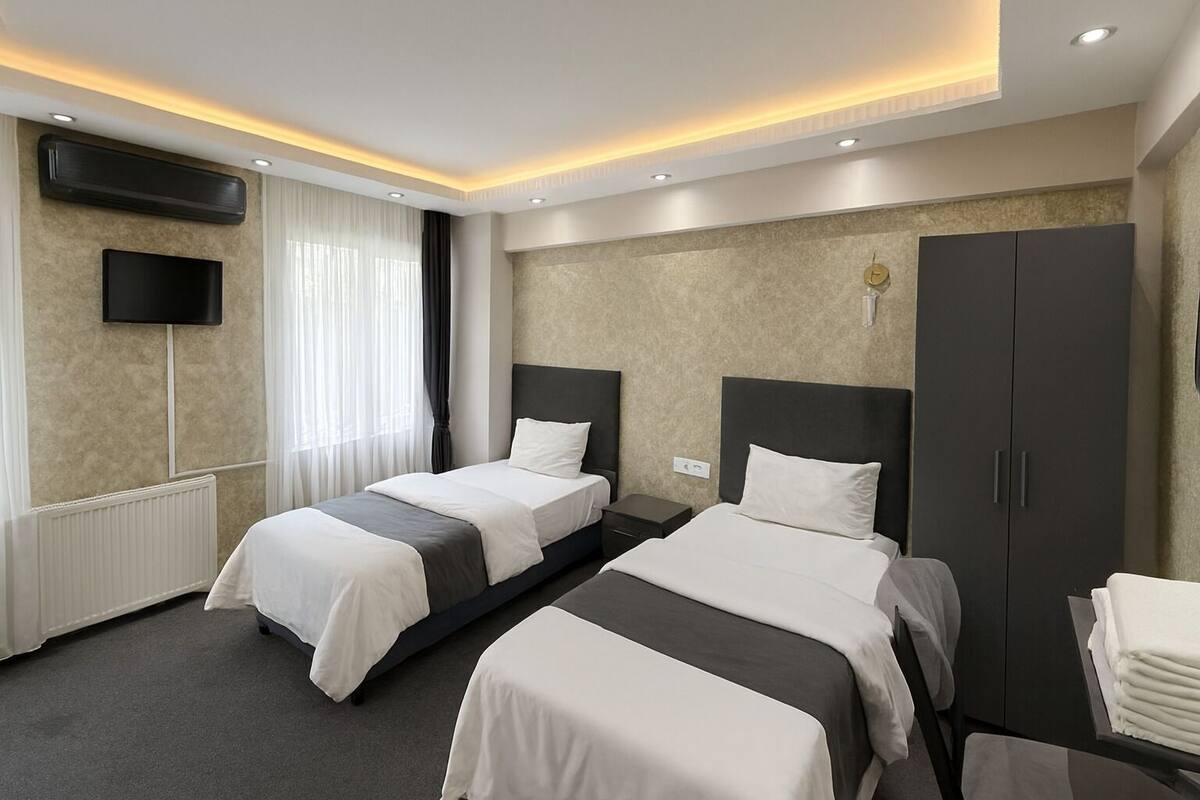 Habitación de hotel con dos camas, televisión, armario y radiador.