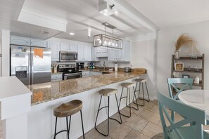 Fridge, microwave, oven, stovetop - Beachside Retreat with Walk to Dining & Shops (Panama City Beach)