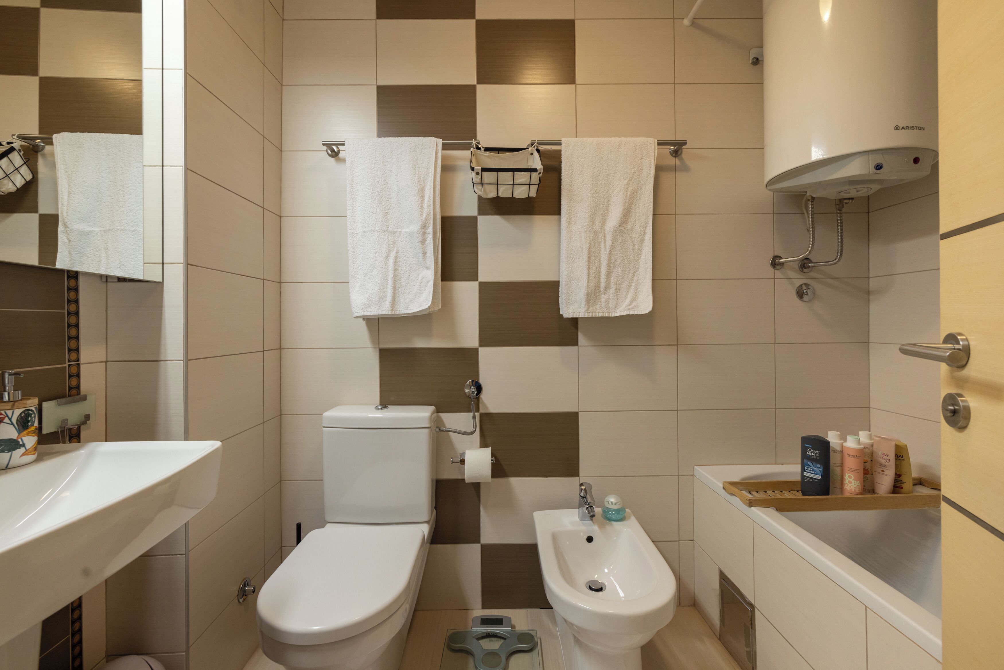 Hair dryer, bidet, towels, soap
