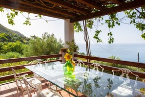 Ein Tisch mit Glasplatte, Stühle und einer Blumenvase, vor einer malerischen Kulisse aus Grün und Meer.