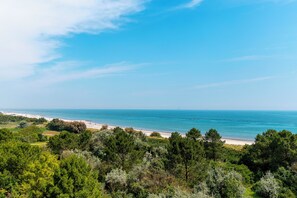 A coastal landscape with a beach, dense greenery, and a clear blue sky. - Residence Belvedere (Lido Adriano)