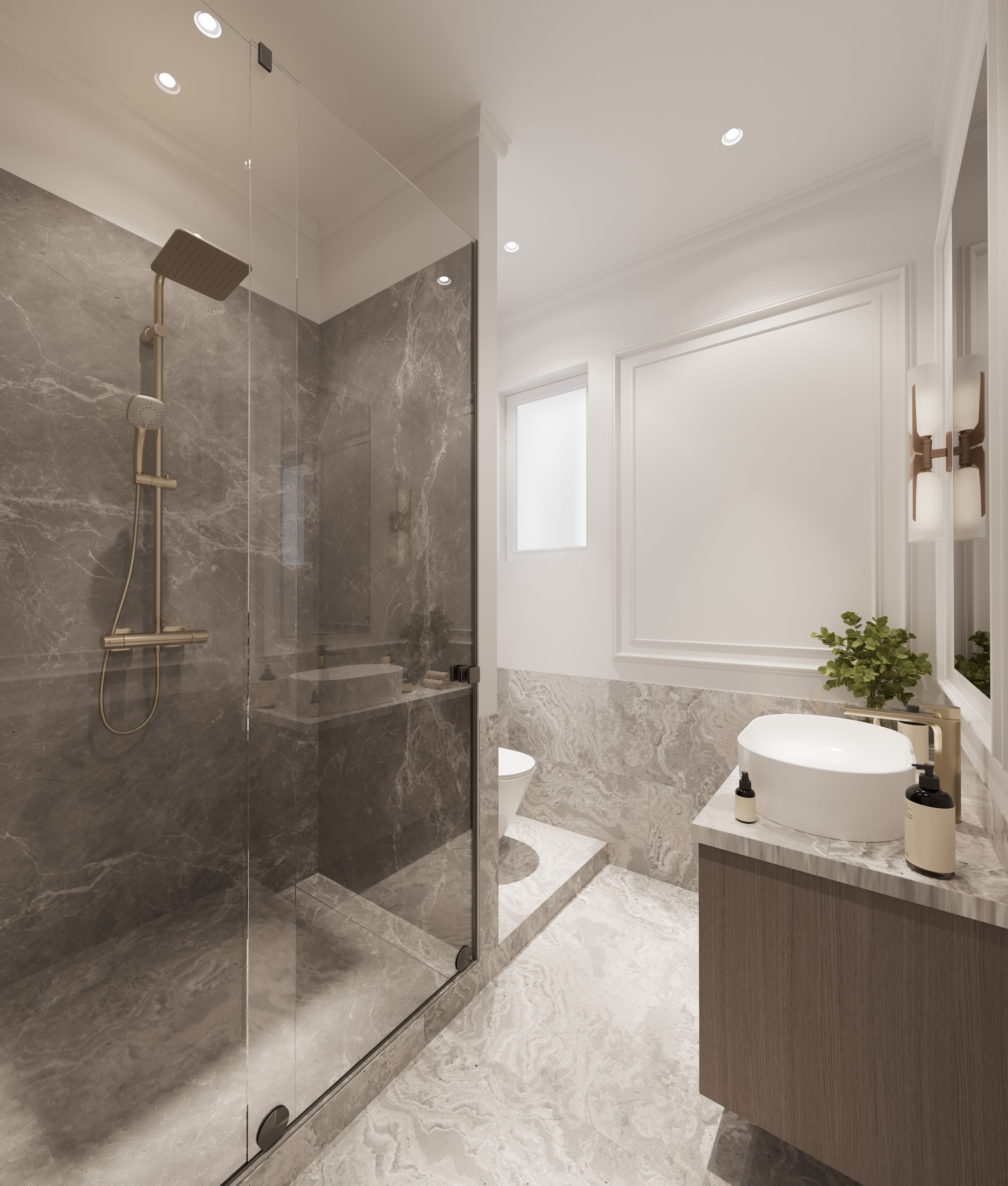 A modern bathroom with a glass-enclosed shower, a marble-tiled floor, a white sink, and a mirror with a light fixture.