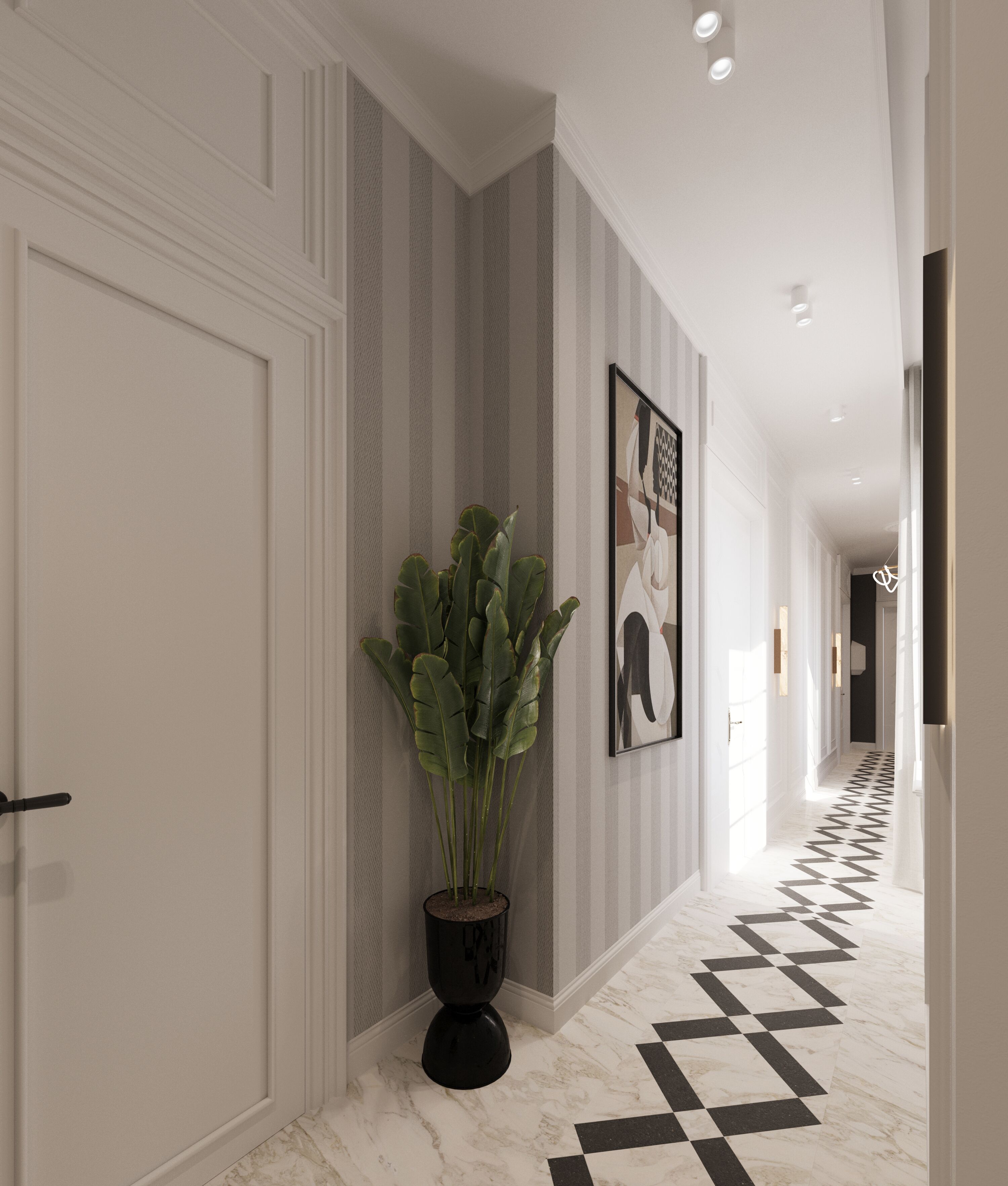 A hallway with a checkered floor, a potted plant, and a framed artwork on the wall.
