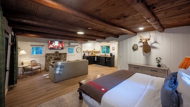 A spacious room with a large bed, a cozy seating area, a kitchen, and a stone fireplace. - Hot Tub- Newly Renovated Cabin. Modern Rustic (Eureka Springs)