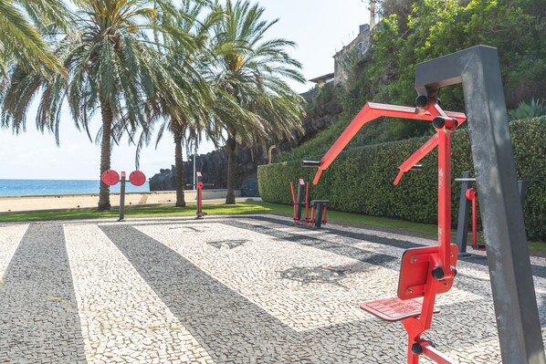 Des appareils de musculation en plein air, des palmiers et une plage en arrière-plan.