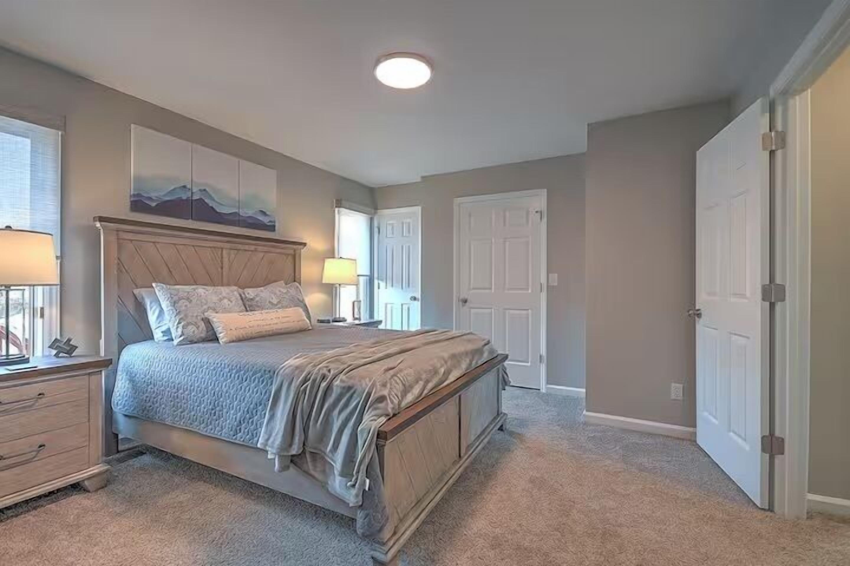 A bedroom with a bed, nightstands, a lamp, a painting, and a door.