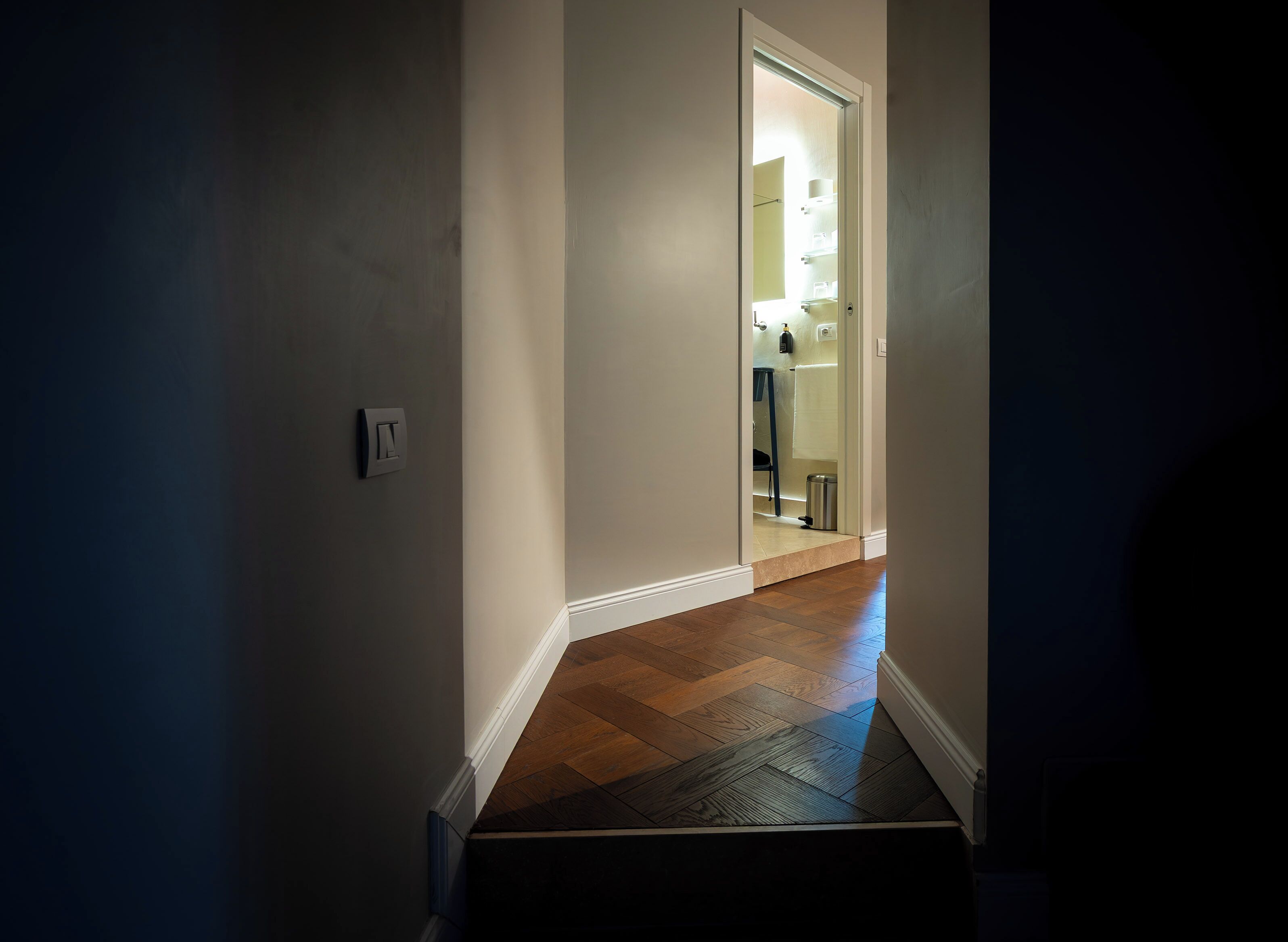 A narrow hallway with wooden flooring and a door leading to a bathroom with a shower and toilet.