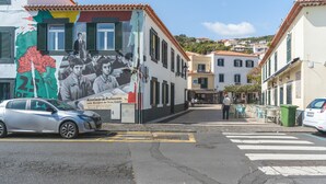 A street with buildings, a mural, parked cars, and a pedestrian crossing. - Santa Cruz Studio 3 by Atlantic Holiday (Santa Cruz)