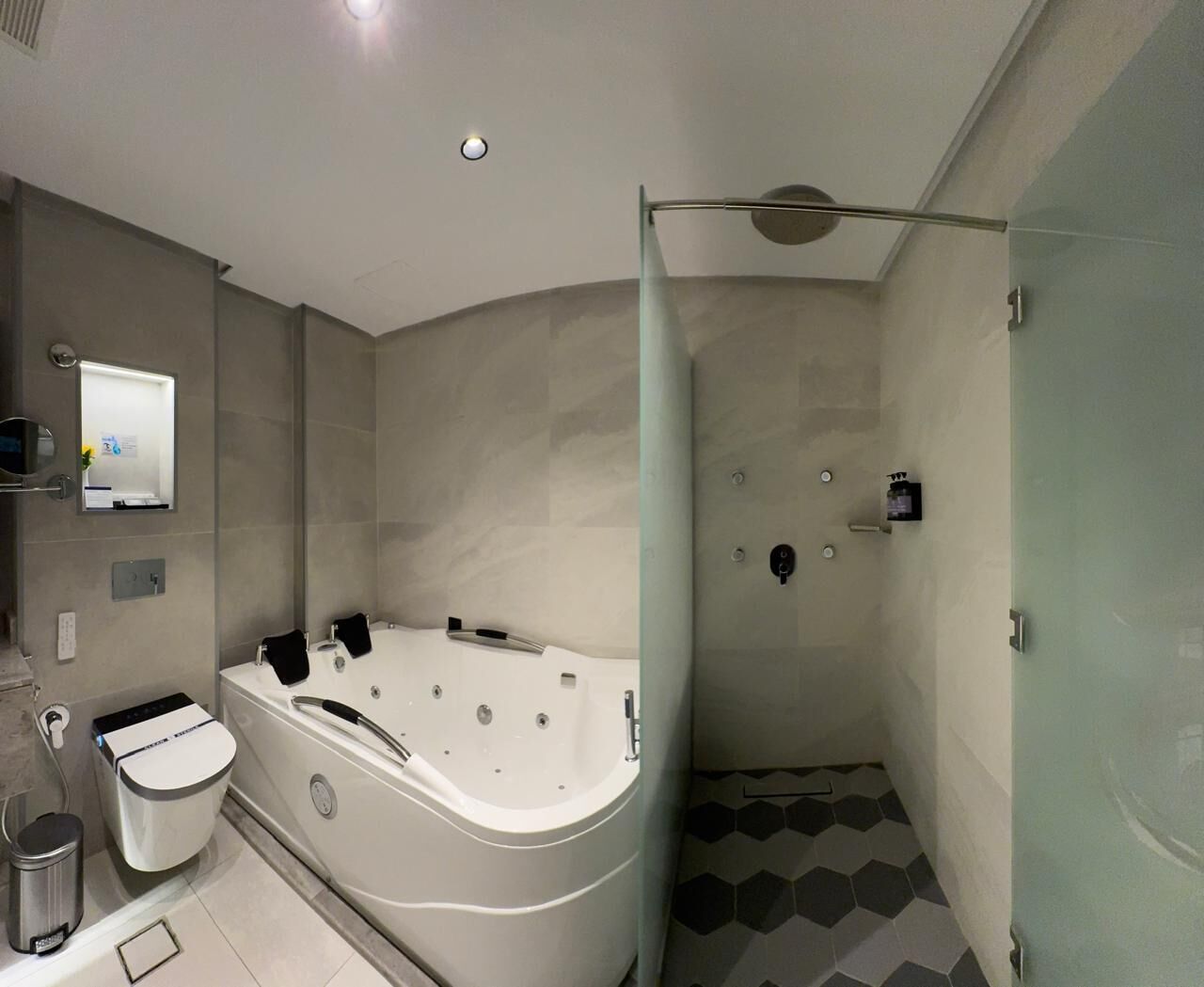 A modern bathroom with a large bathtub, a shower area, and a toilet.