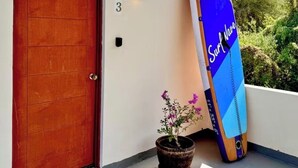 A wooden door, a potted plant, and a surfboard leaning against a wall.