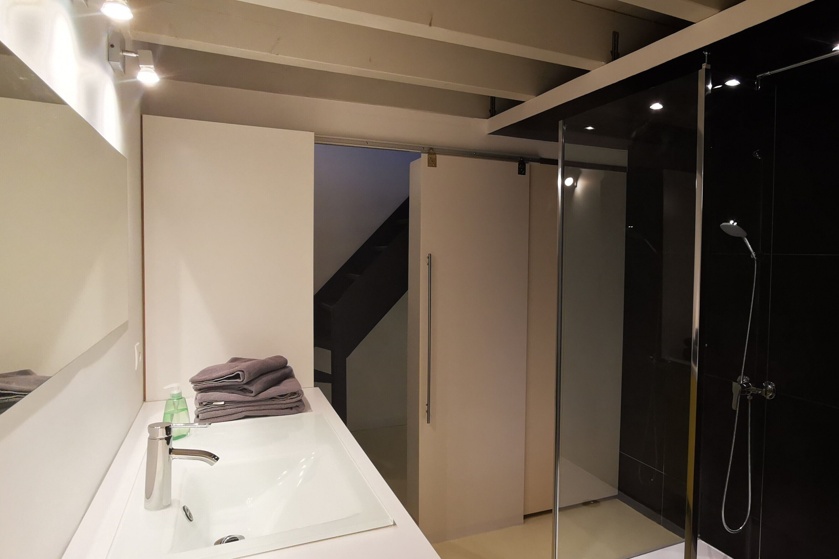 Een douche, een haardroger, handdoeken, zeep