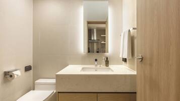 A modern bathroom with a toilet, sink, and mirror.