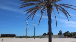 A clear sky, a palm tree, and a building with a sign reading "Praia da Manta Rota". - The Shell House (Manta Rota)