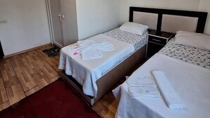 A hotel room with two beds, a wooden floor, a red carpet, a ceiling light, and a wall-mounted air conditioner. - Üsküdar Hotel Batum (Batumi)