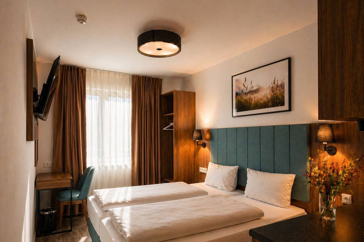 A hotel room with two beds, a desk, a chair, a wardrobe, and a painting on the wall.