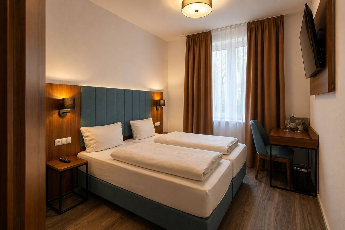A hotel room with a double bed, bedside lamps, a desk with a chair, a TV, and a window with curtains.