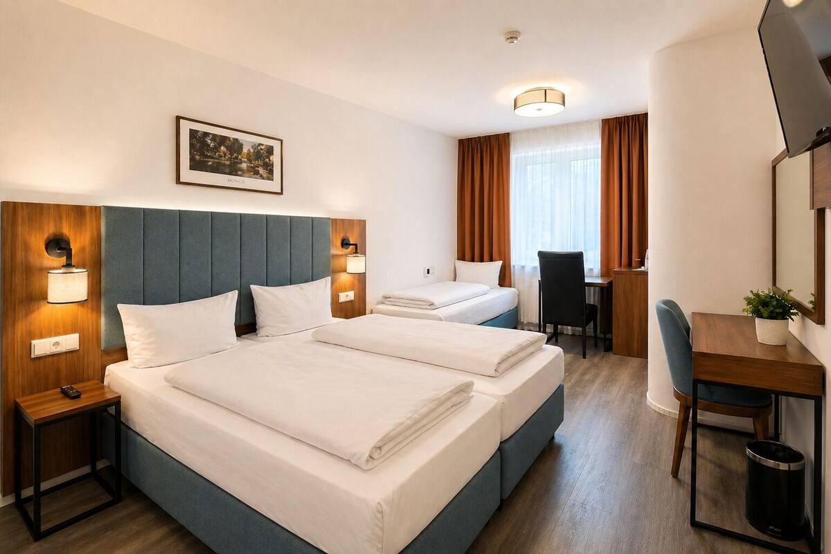 A hotel room with two beds, a desk, a chair, a small table, a potted plant, a picture on the wall, and a trash can.