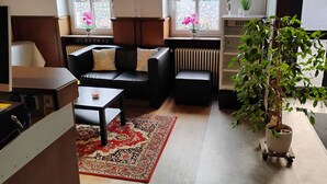 A modern living room with a black leather sofa, a small table, a red patterned rug, and a potted plant. - Hotel Kremer  (Buechenbeuren)