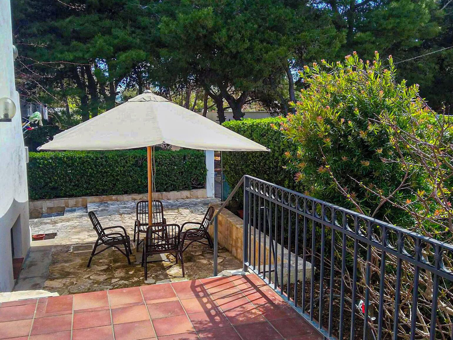 Une terrasse extérieure avec une table et des chaises sous une marquise, entourée d’une rambarde en métal et d’une haie.