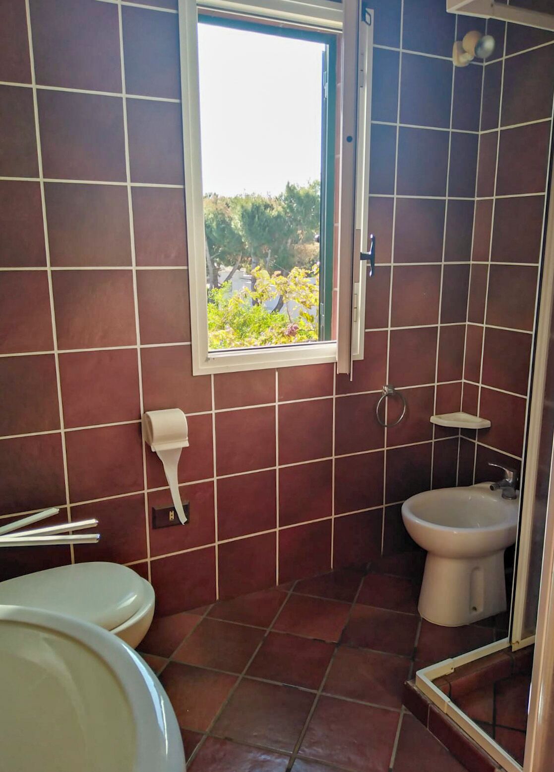 A bathroom with a toilet, bidet, and a window with a view of trees.