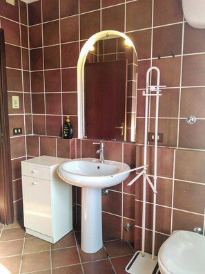 Un bagno con un lavandino bianco, uno specchio, un water e una doccia.