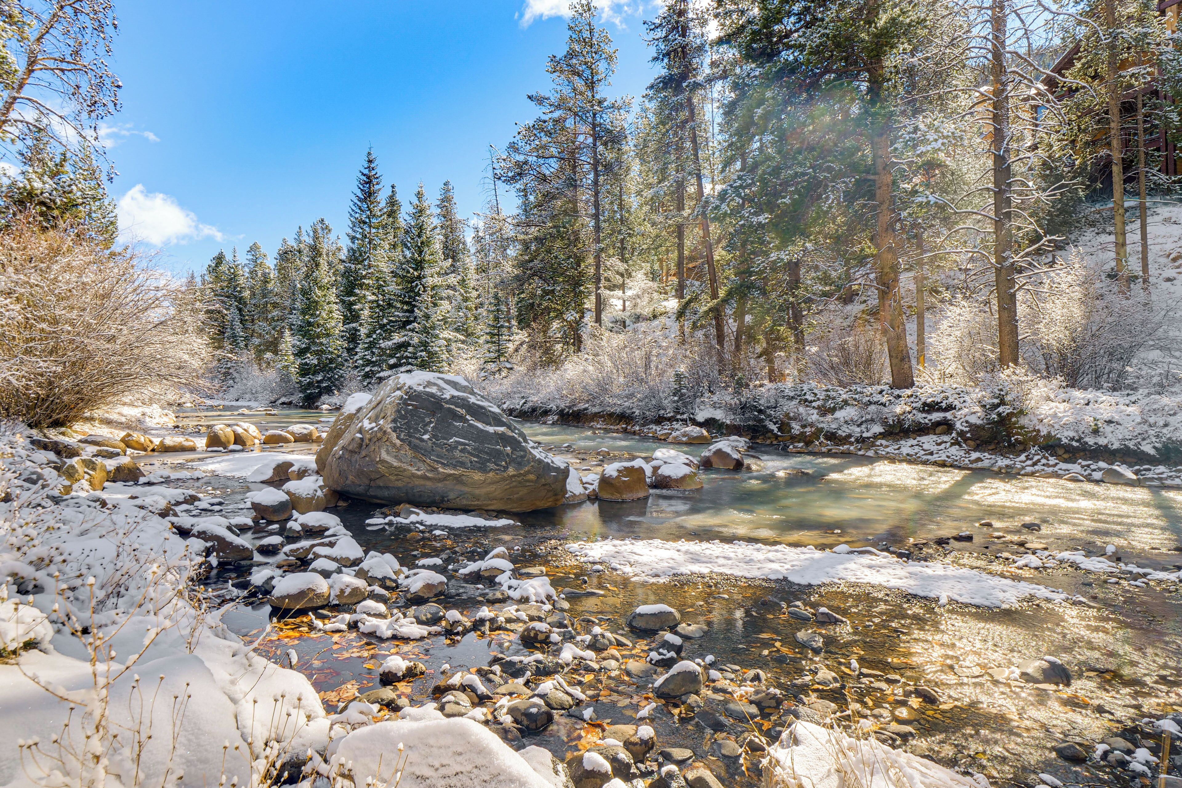 Un paysage naturel avec un ruisseau aux eaux claires, des rochers et des arbres couverts de neige.